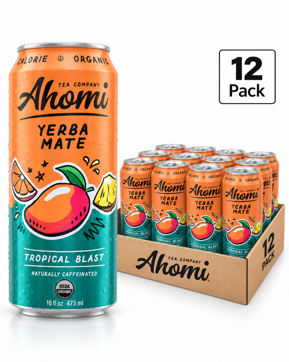 Ahomi Tea - Tropical Blast Yerba Mate (12-Pack, 16 oz Cans)