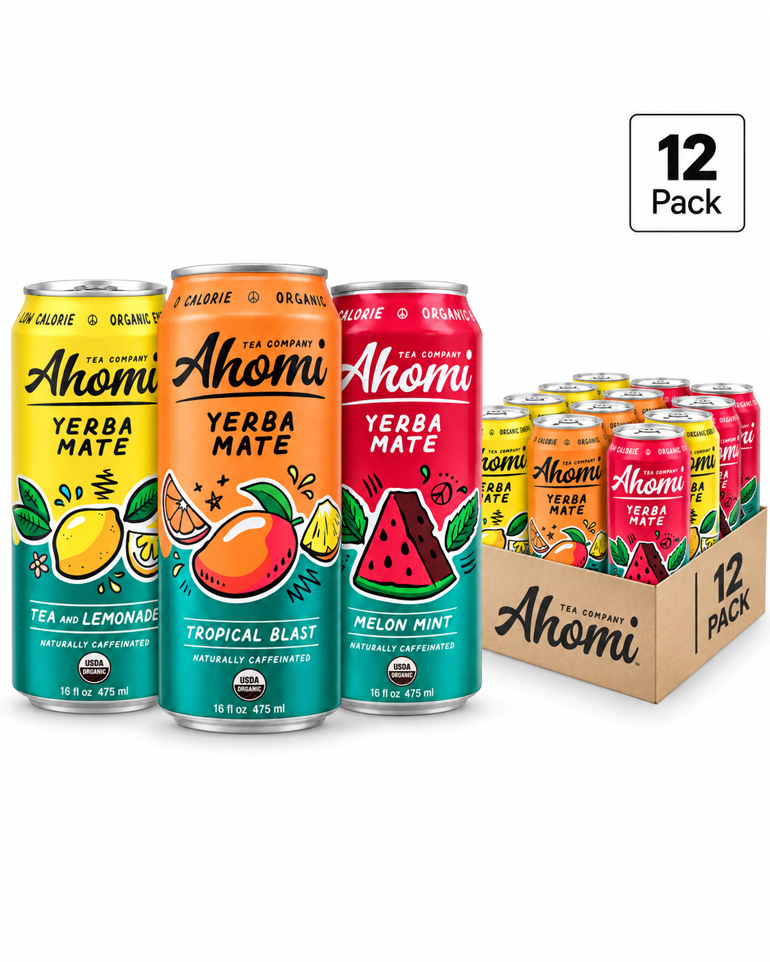 Ahomi Tea - Mixed Variety Yerba Mate (12-Pack, 16 oz Cans)